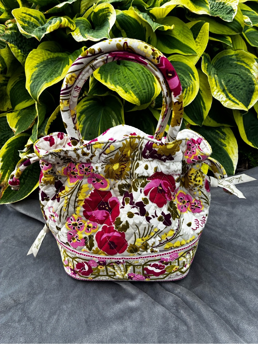 Vera Bradley Pink, Green & White Quilted Floral Drawstring Tote - Picture 2 of 12